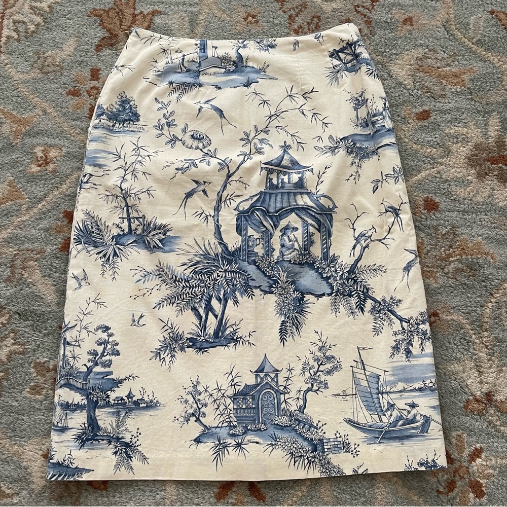 VTG J. McLaughlin Asian Chinoiserie Blue & White Pencil Skirt Size 6